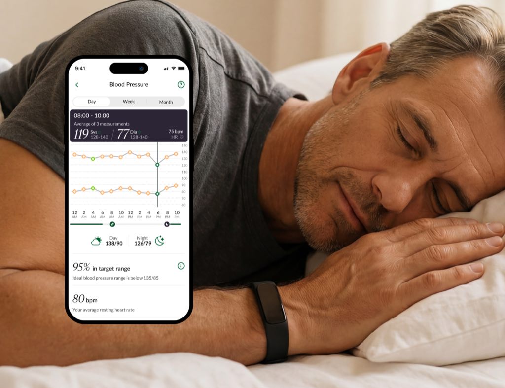 Person überprüft Blutdruckdaten auf Smartphone mit Hilo-Armband